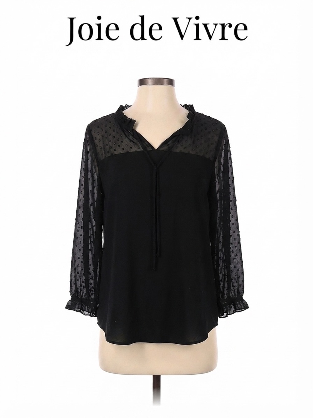 Joie de Vivre Black Sheer Dot Sleeve Tie-Neck Blouse Size M 0169
